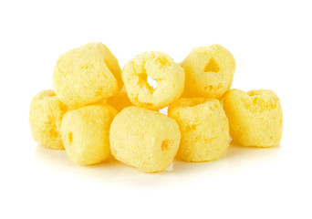 Crunchy corn snacks on a white background