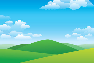 Green hill landscape.  Vector illustration of panorama view with green mountain landscape and cloud sky.