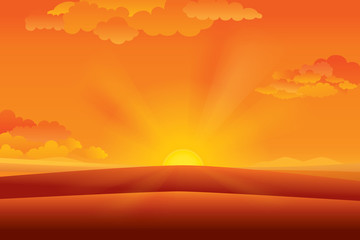 Naklejka premium Vector illustration of panorama view with mountain landscape and sunset sky.