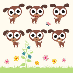 Vector set cute puppy dog. Collection isolated puppy dog. Emotion cartoon puppy dog.