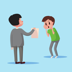 Fototapeta premium Business concept character show electronic bill payment to a man. Funny cartoon vector illustration