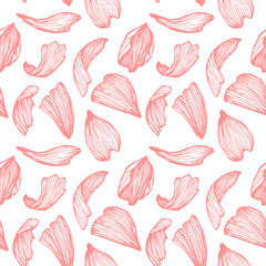 Hand drawn vector seamless pattern - rose petals. Pink background