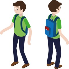 Isometric kid with school backpack. Isometric pupil.