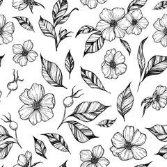 Hand drawn vector background. Seamless pattern with flowers, leaves