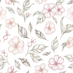 Hand drawn vector background. Seamless pattern with flowers, leaves
