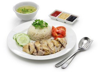 Hainanese chicken rice, singapore cuisine isolated on white background