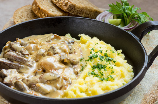 beef Stroganoff beef with mushrooms and mashed potatoes