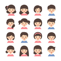 Kids Avatar Cartoon Vector Set. Set of cute boys and girls character with different hair style isolated on white background.