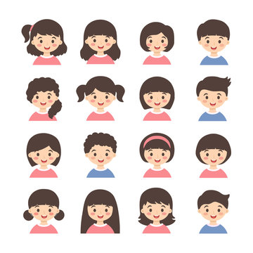 Kids Avatar Cartoon Vector Set. Set Of Cute Boys And Girls Character With Different Hair Style Isolated On White Background.