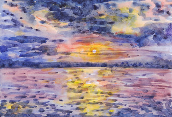 Fototapeta na wymiar Sunset over the sea. Watercolor painting