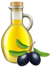 Olive oil in a jar with black olives. Vector illustration.