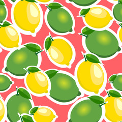 Seamless pattern with big lemons and limes with leaves. Red background.