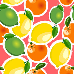 Seamless pattern with lemon, orange, lime stickers. Fruit isolated on a red background