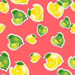 Seamless pattern with lemons and limes with leaves and slices stickers. Red background.