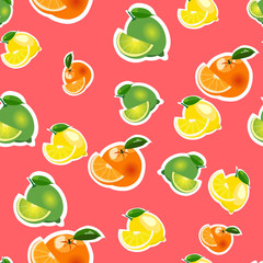 Seamless pattern with lemon, orange, lime with slices. Fruit isolated on a red background