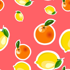 Seamless pattern with lemon, orange stickers. Fruit isolated on a red background