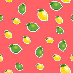 Seamless pattern with small lemons and limes with green leaves. Red background.