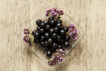 Black currants in a glass bowl with little oregano blooms. 