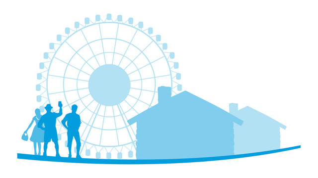 blue ferris wheel, people, houses silhouette clip art preview