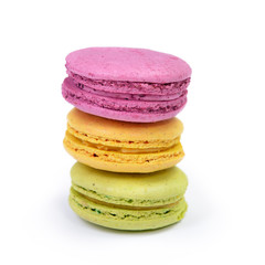 French colorful macarons isolated on white. Tasty, diet, gourman