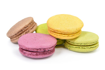 French colorful macarons isolated on white. Tasty, diet, gourman
