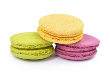 French colorful macarons isolated on white. Tasty, diet, gourman