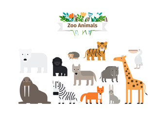 Zoo Animals Flat Design Colorful Vector Icons Set