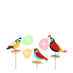 Song birds with speech bubbles and hearts. Vector illustration