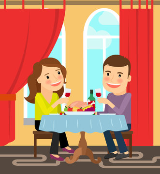 Couple sitting at a table and celebrates. Vector illustration
