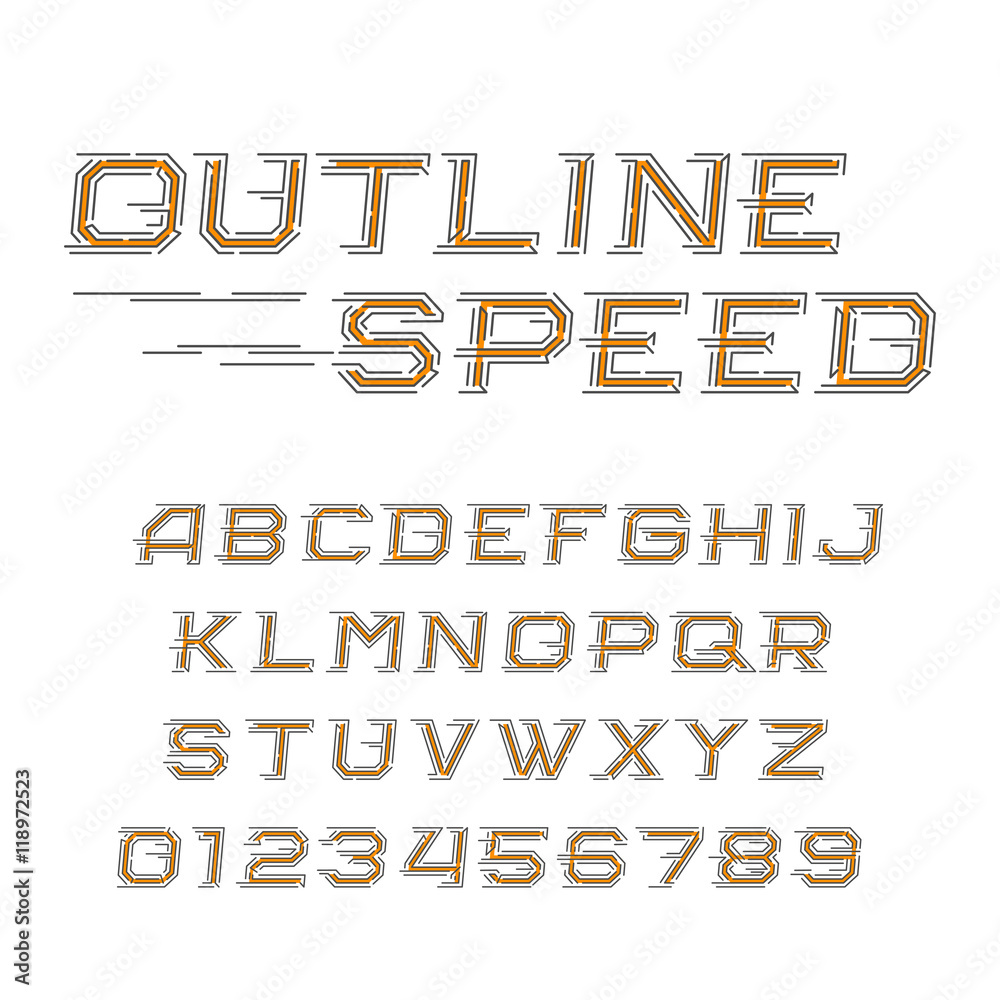 Fototapete outline speed alphabet font. oblique letters and numbers in line style. vector typeface for your des