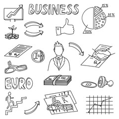 Set of business doodles elements. Hand draw icons