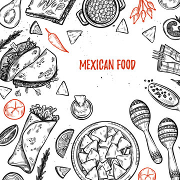 Hand drawn vector illustrations - Mexican food (tacos, nachos, b