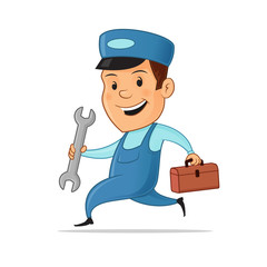 Happy running handyman in uniform holding wrench and toolbox