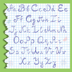 Hand Drawn Scribble Font and Leaves on a Sheet of Copybook in a Cage. Vector Illustration.