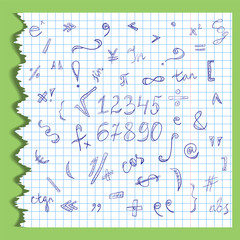 Hand Drawn Scribble Mathematics Symbols and Numbers on a Ripped Sheet of Copybook in a Cage. Doodle Style. Vector Illustration.