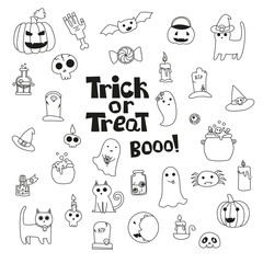 Cute trick or treat halloween collection. Vector doodles illustr