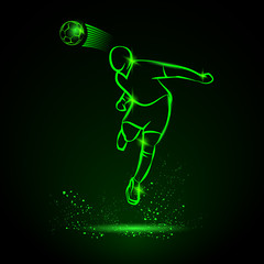 Green neon illustration of soccer player that hitting the ball by his head. Vector silhouette of a footballer in the jump and soccer ball. Sport energy background.
