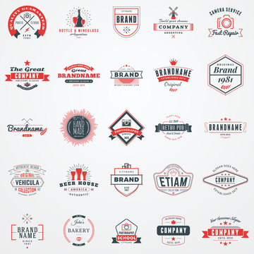 Set of retro logotype templates. Collection of 25 items. Typographic badges. Icon symbols. Labels. Black and Red colors