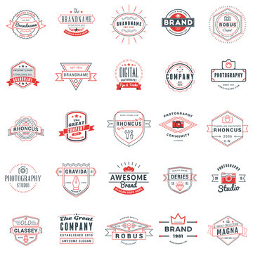 Set of retro logotype templates. Collection of 25 items. Typographic badges. Icon symbols. Labels. Black and Red colors