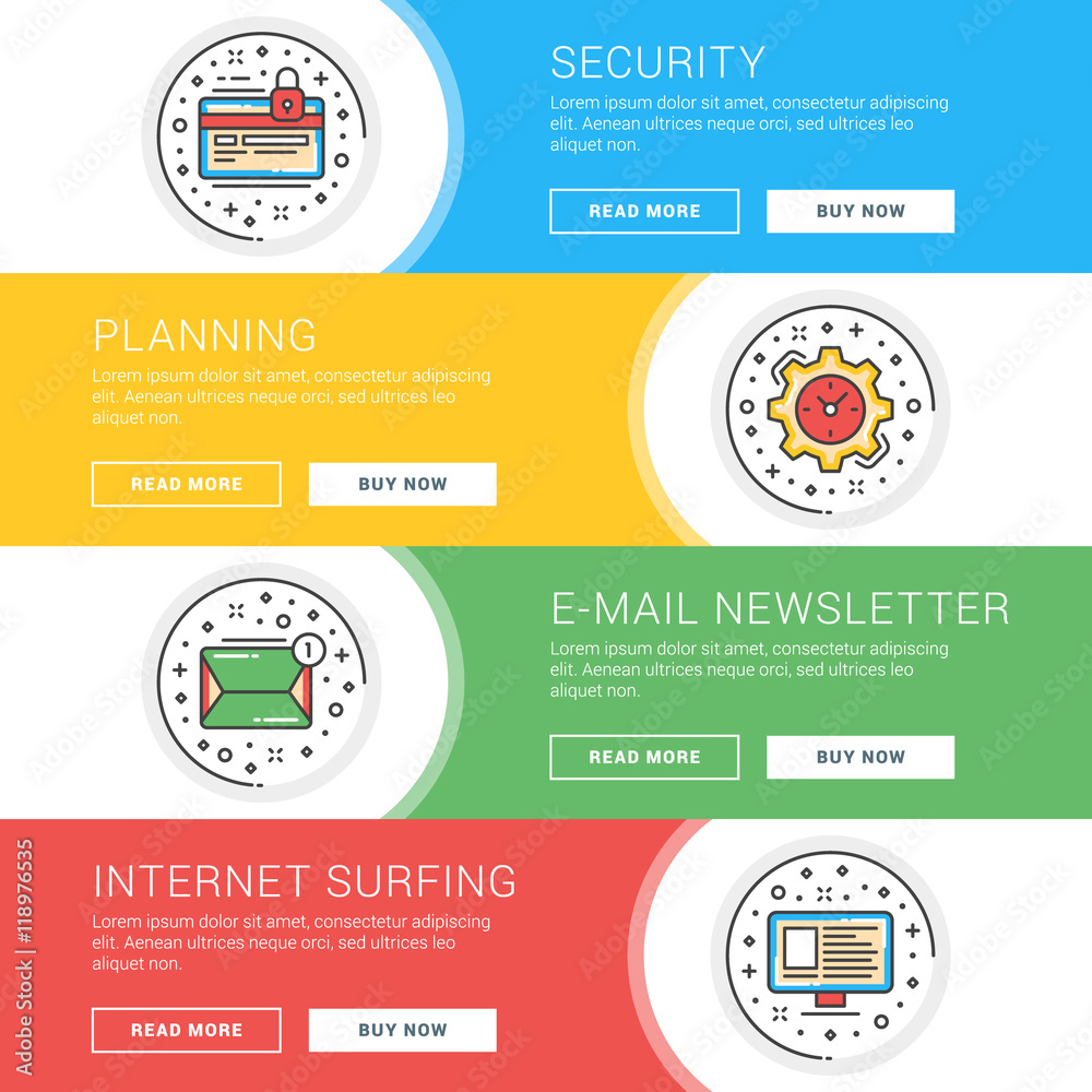 Poster set of flat line business website banner templates. vector illustration. modern thin line icons in c