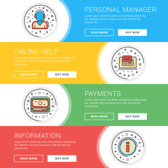Set of flat line business website banner templates. Template for wesite headers. Vector illustration. Modern thin line icons in circle. Personal Manager, Online Help, Payments, Information