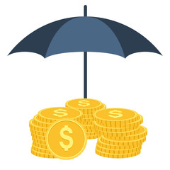 Money under umbrella protection. Vector illustration isolated on white background. Insurance concept of money protection, financial savings, secure business economy. Umbrella and golden coins money
