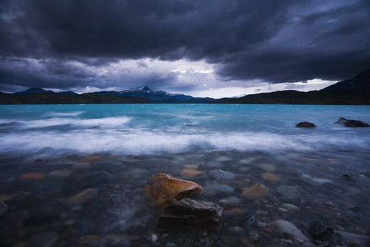 Meltwater from glaciers pour into Lago del Toro in the Magallanes region of southern Chile. 