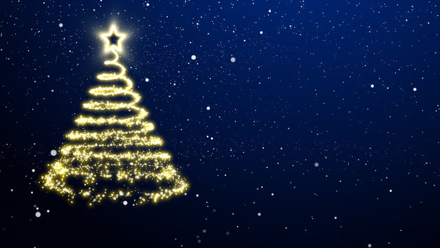 Golden lights Christmas tree with a star treetopper. Blue background with snowflakes.