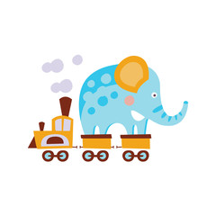 Fototapeta premium Elephant On Train Wagon Stylized Fantastic Illustration