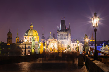 Night View Of Charles Bridge In Prague, Czech Republic