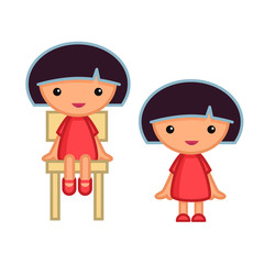 Little girl poses, sitting on chair and standing