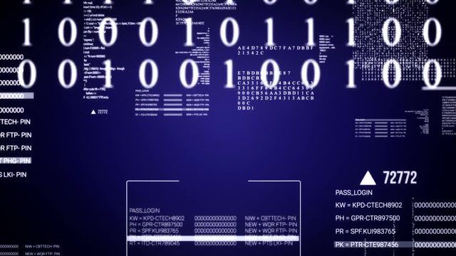 Digital Text flying.Running code text.Technological intro, screensaver. Blue.