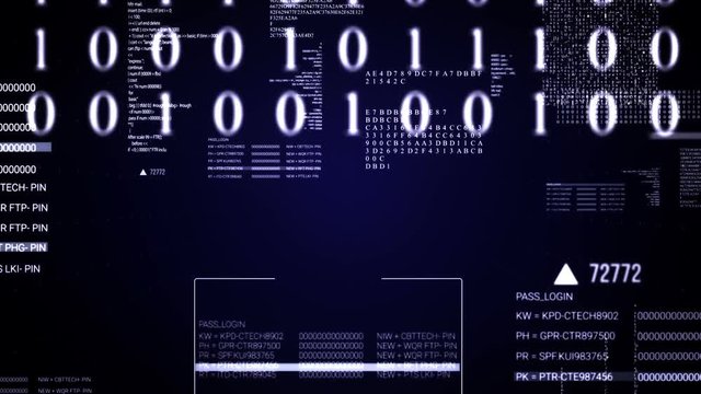 Code Text flying.Running hud text.Technological intro, screensaver. Dark blue.