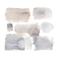 Series of pastel grey, beige and brown watercolor brush strokes painted on white isolated background